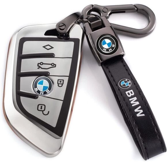 BMW Logo key fob Keychain Black Leather & Key Fob Cover black & Silver NWT - Picture 1 of 9